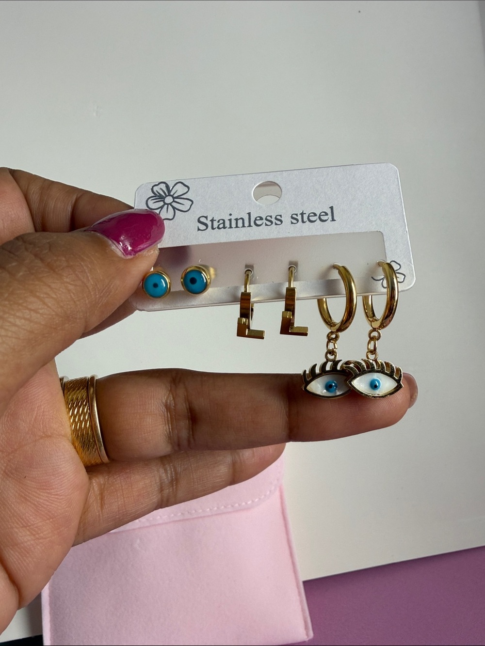 Gold Stainless Steel Evil Eye Earring Set with Blue Accents